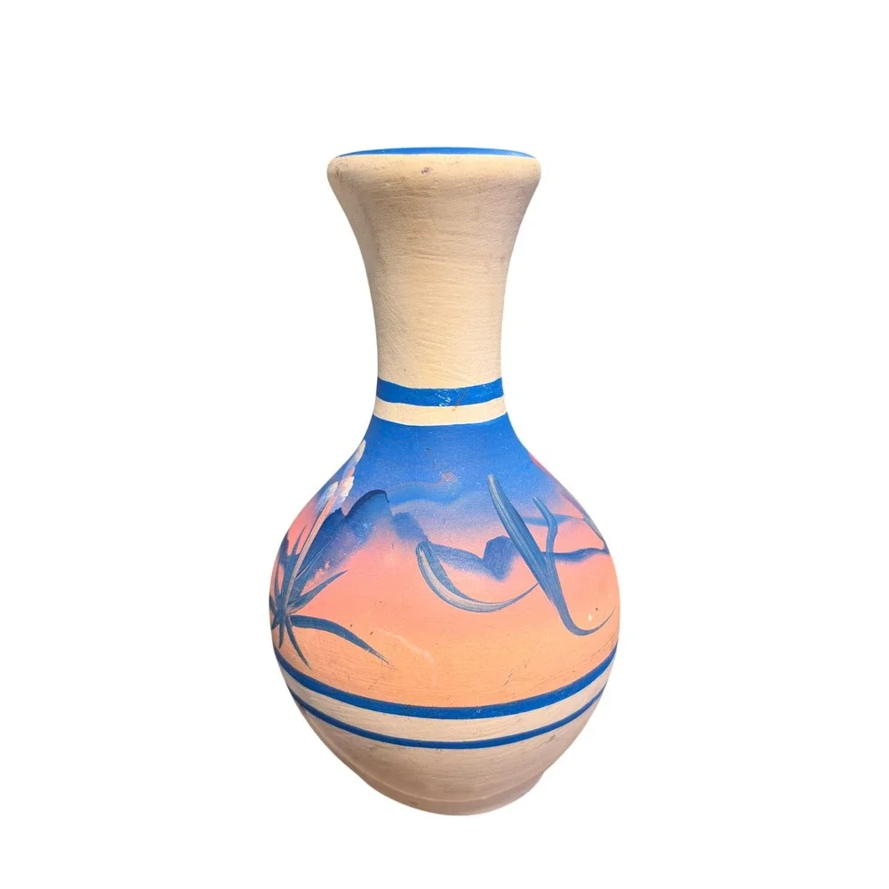 Hand Painted Southwestern Terracotta Vase Blue Peach Desert Landscape Cactus VTG